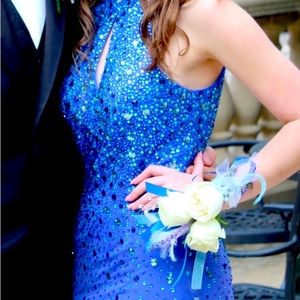 Lila Madison blue/cobalt ombré beaded gown. Low back high neck. Size 4.